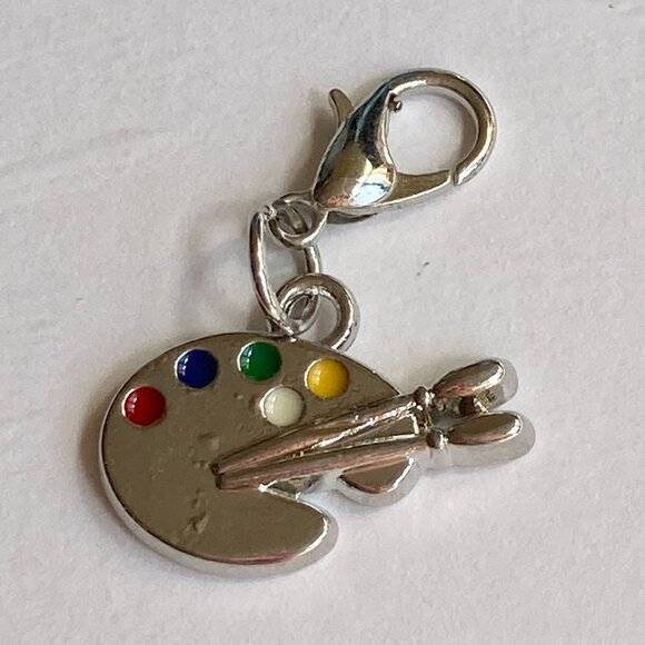 Art Palette Charm Clip On Zipper Pull Purse Bag Silver Tone Enamel Artist Gift - Picture 2 of 6